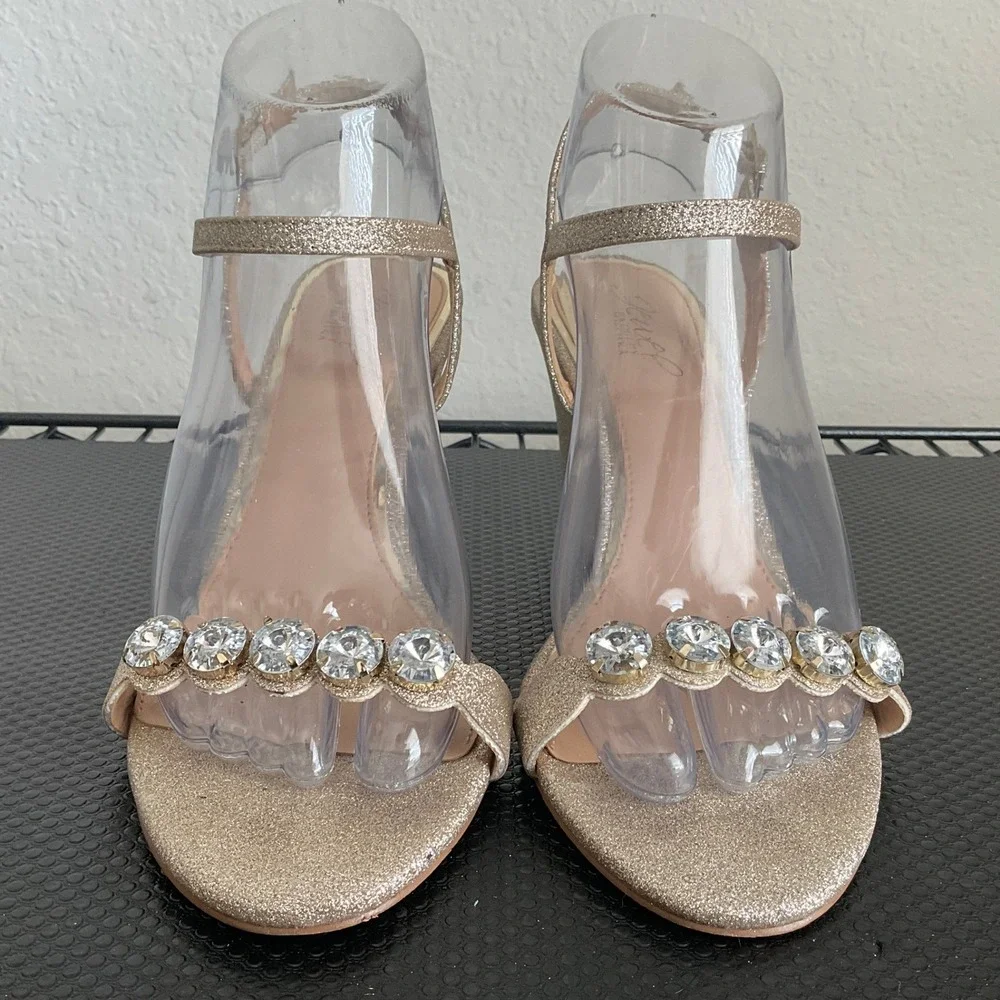 Jewel Badgley Mischka Gold Glitter Rhinestone Wedge Sandals Women 8.5 Bridal